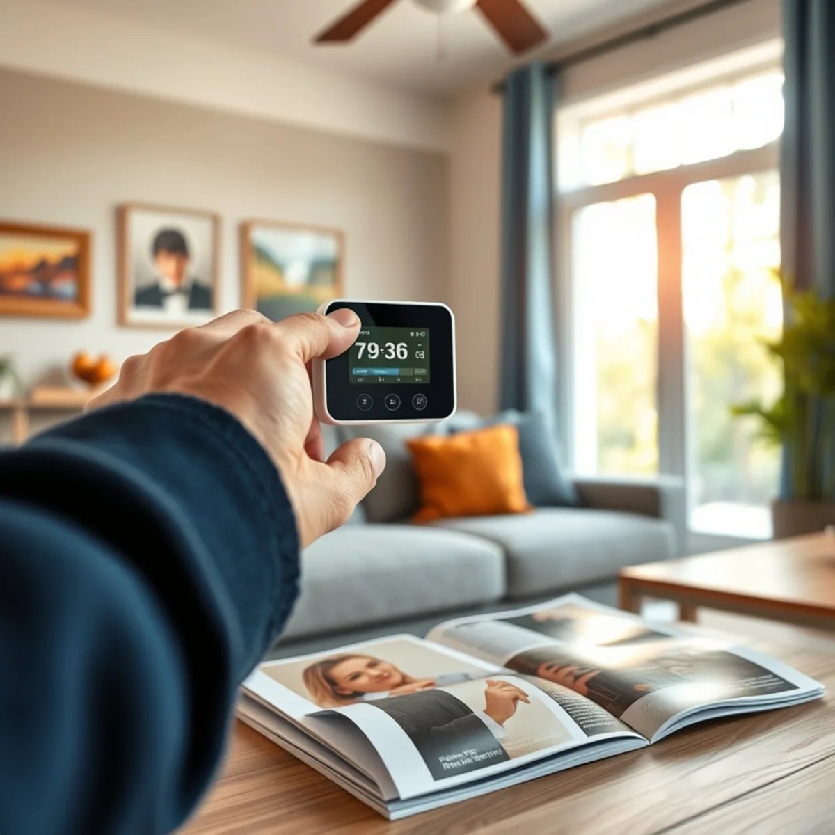 Close-up of a hand adjusting a modern smart thermostat mounted on a wall