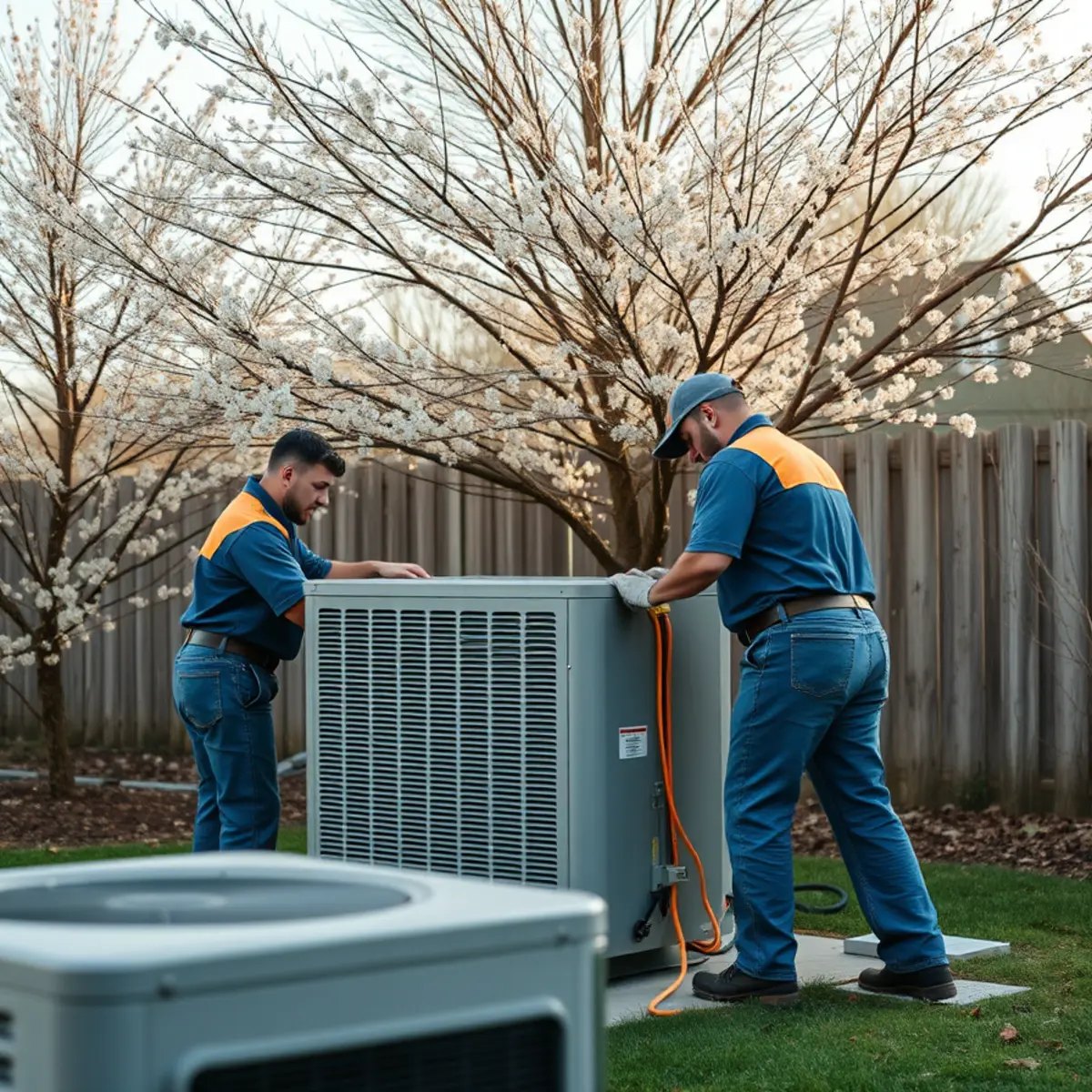 A newly installed outdoor condenser unit sitting on a pad beside a home in mild weather