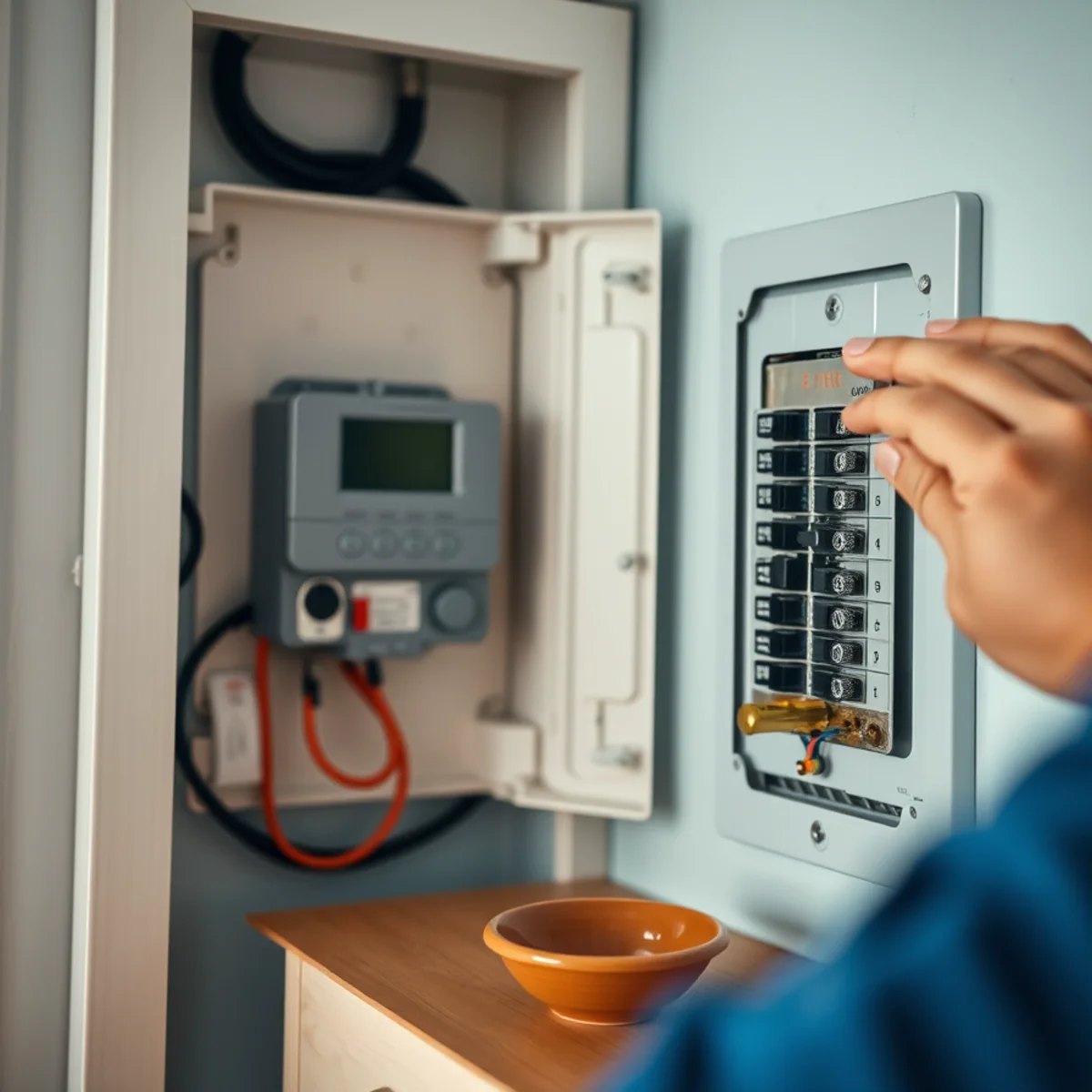 Homeowner checking the breaker panel and thermostat before calling for emergency HVAC service