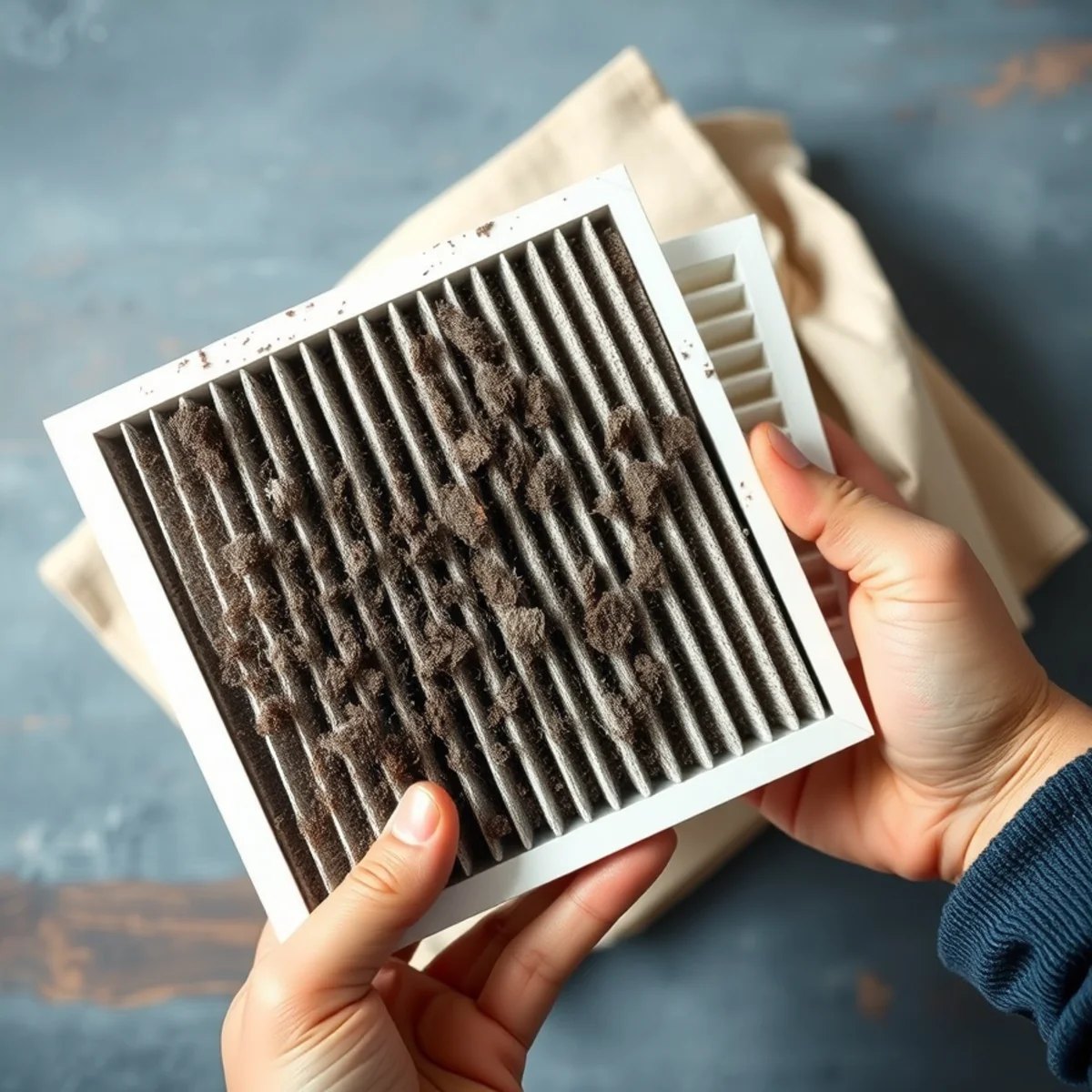 Side-by-side comparison of a clean white pleated air filter and a clogged gray one removed from a home HVAC return