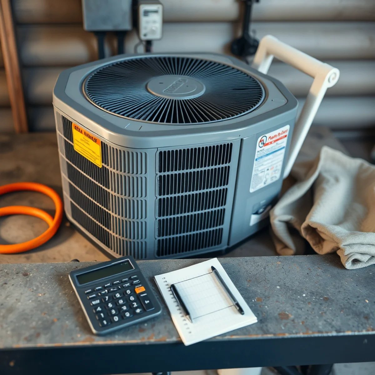 HVAC technician checking refrigerant pressures and cleaning the coil on an outdoor condenser unit