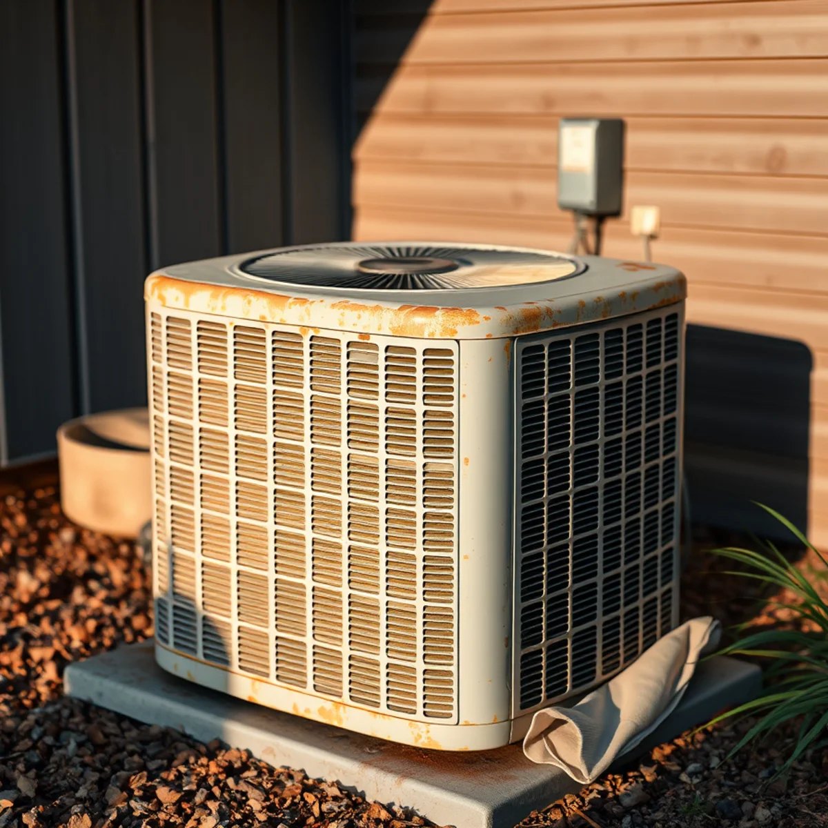 Aging outdoor air conditioning condenser unit with weathered fins beside a home