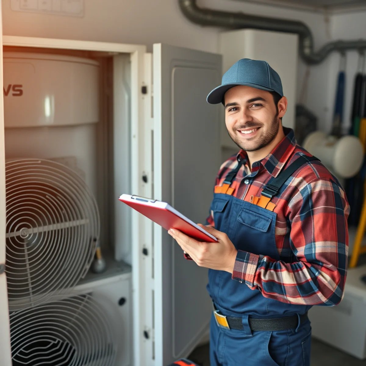 Technician checking gauges while servicing an outdoor condenser unit beside a home