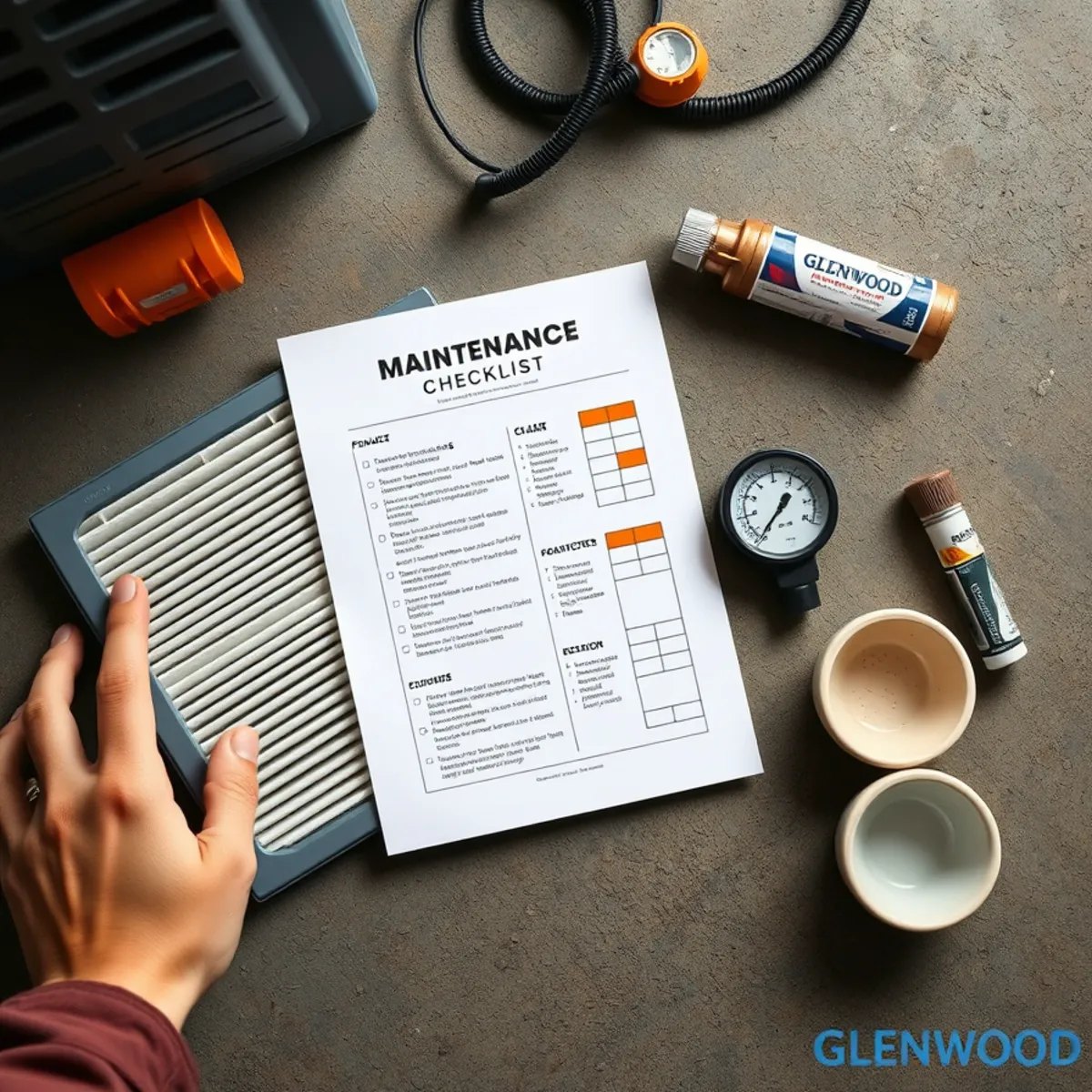 A clean pleated air filter, work gloves, and a printed checklist laid out beside an outdoor HVAC condenser unit