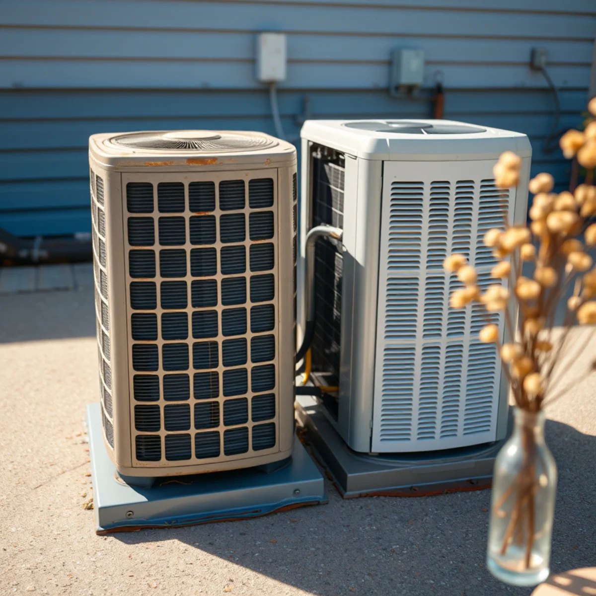 A worn outdoor condenser unit beside a newer system, with a technician inspecting the aging equipment