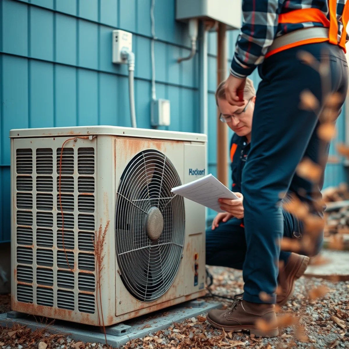 Technician opening an old outdoor air conditioner to inspect the compressor and components