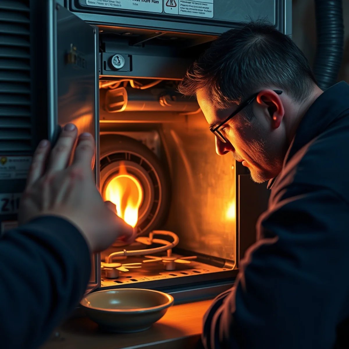 Technician inspecting a home furnace with a flashlight inside a utility closet before winter