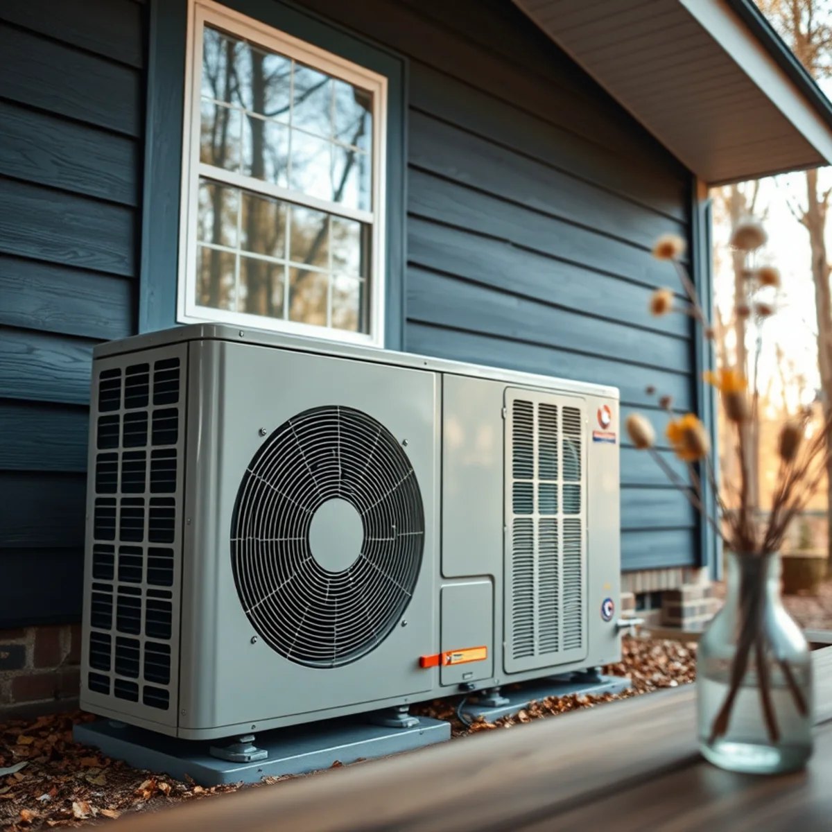 Outdoor heat pump unit running beside a home on a cool, overcast morning