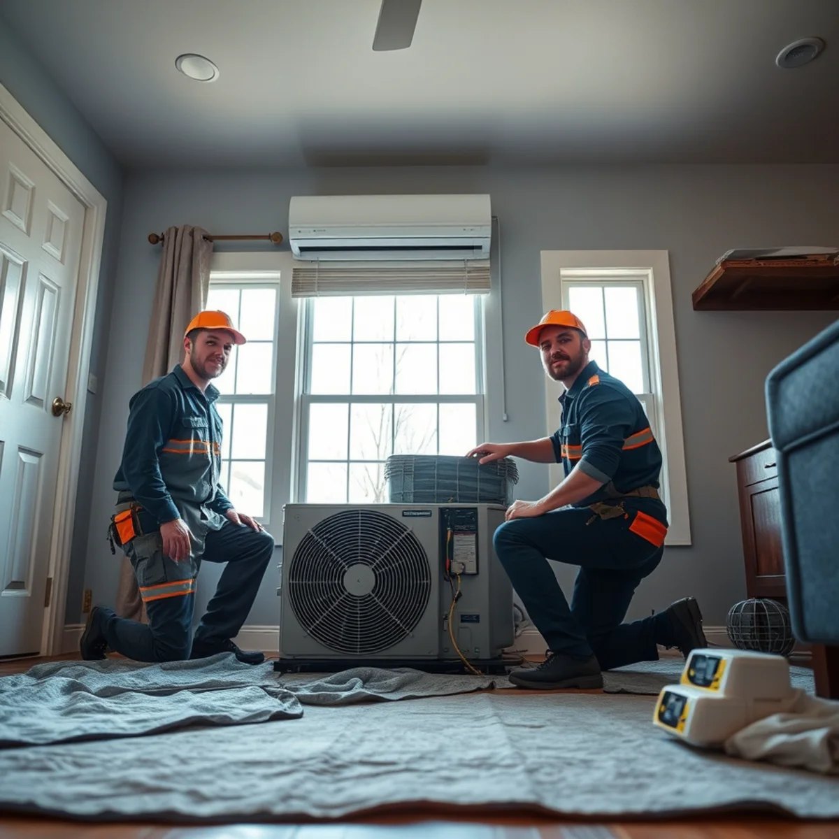 Technicians setting and connecting a new indoor air handler and outdoor unit during a home HVAC installation