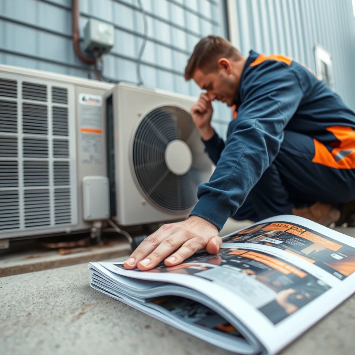 Outdoor air conditioning condenser unit beside a home with the fan spinning