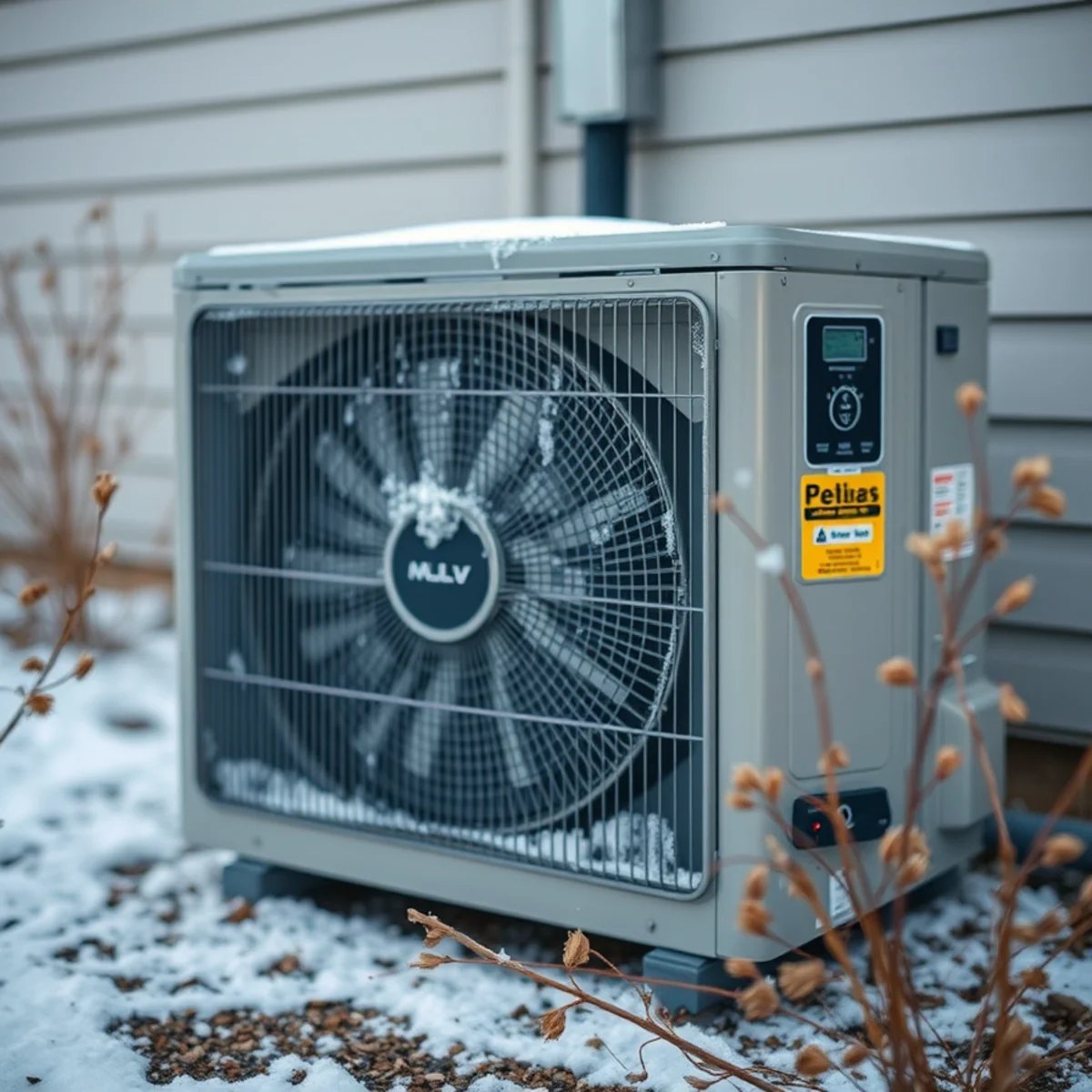 Outdoor heat pump unit coated in frost and ice on a cold winter morning
