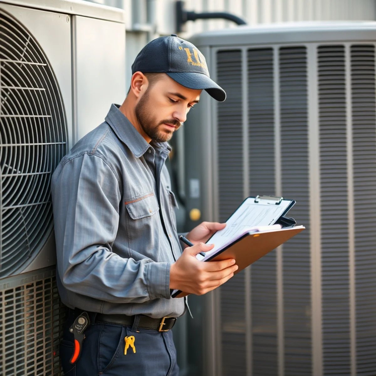 HVAC technician writing maintenance notes beside an air conditioning unit