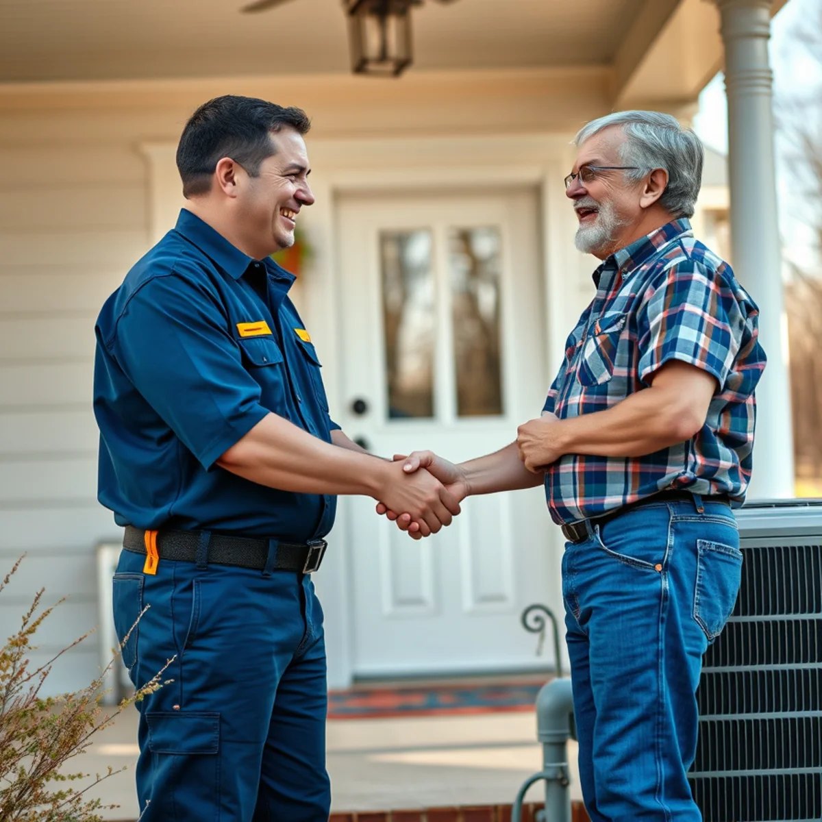 Happy homeowner with HVAC technician after service in Glenwood, AR